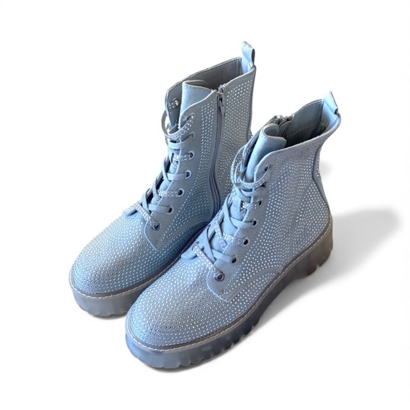 STEVE MADDEN Dynamite Rhinestone Silver Glitter Platform Lug Sole Combat Boots - Picture 8 of 17